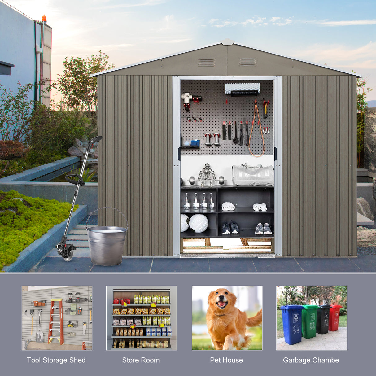 8ft x 6ft Outdoor Metal Storage Shed with Floor Base Gray