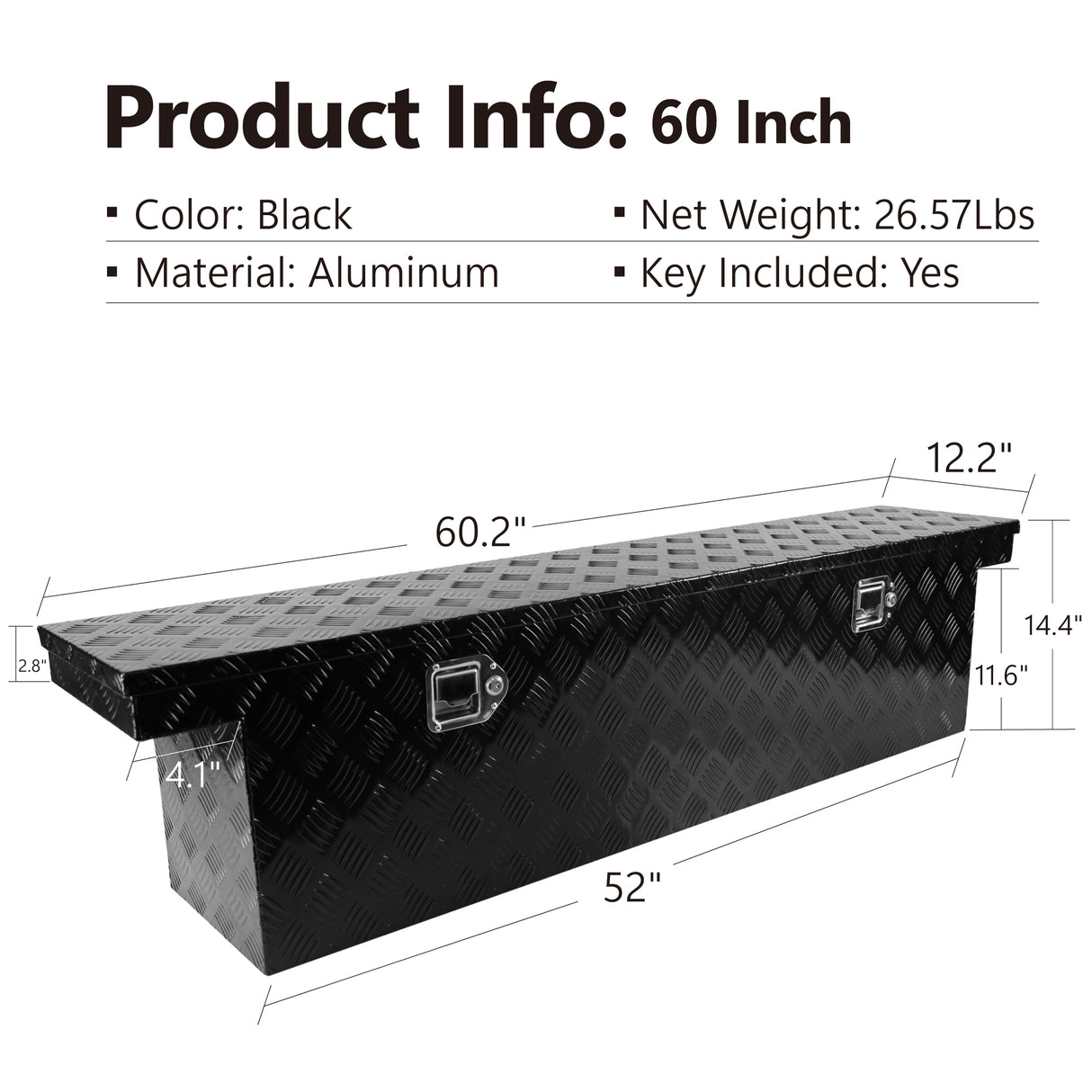 60.2"(L) x 12.2"(W) x 14.4"(H) Caja de herramientas para camioneta Remolque para plataforma de camión Rayas de aluminio para RV Tralier Pestillo cromado Superficie negra