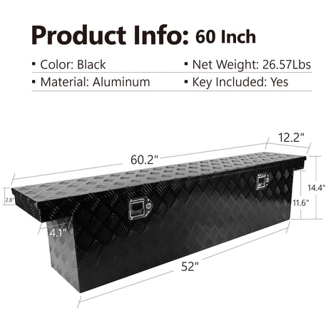 60.2"(L) x 12.2"(W) x 14.4"(H) Pickup Tool Box Trailer for Bed of Truck Aluminum Stripes for RV Tralier Chrome Latch Black Surface