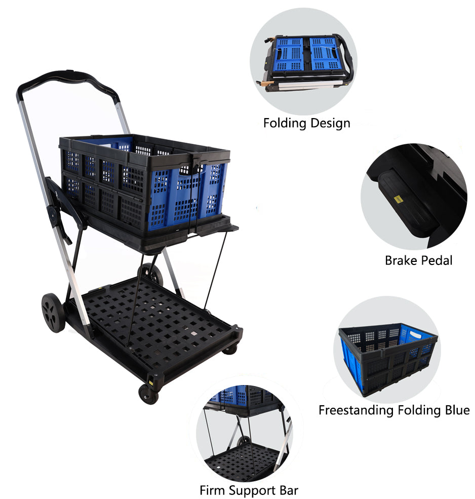 Folding Service Cart with Wheels Double-Decker For Shopping Library Office Warehouse Moving