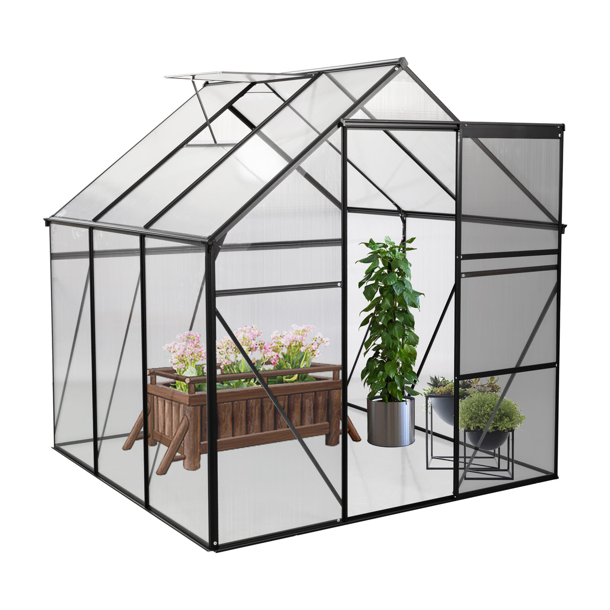 6X6FT Polycarbonate Greenhouse Raised Base and Anchor Aluminum Heavy Duty Walk-in for Outdoor Backyard in All Season Black