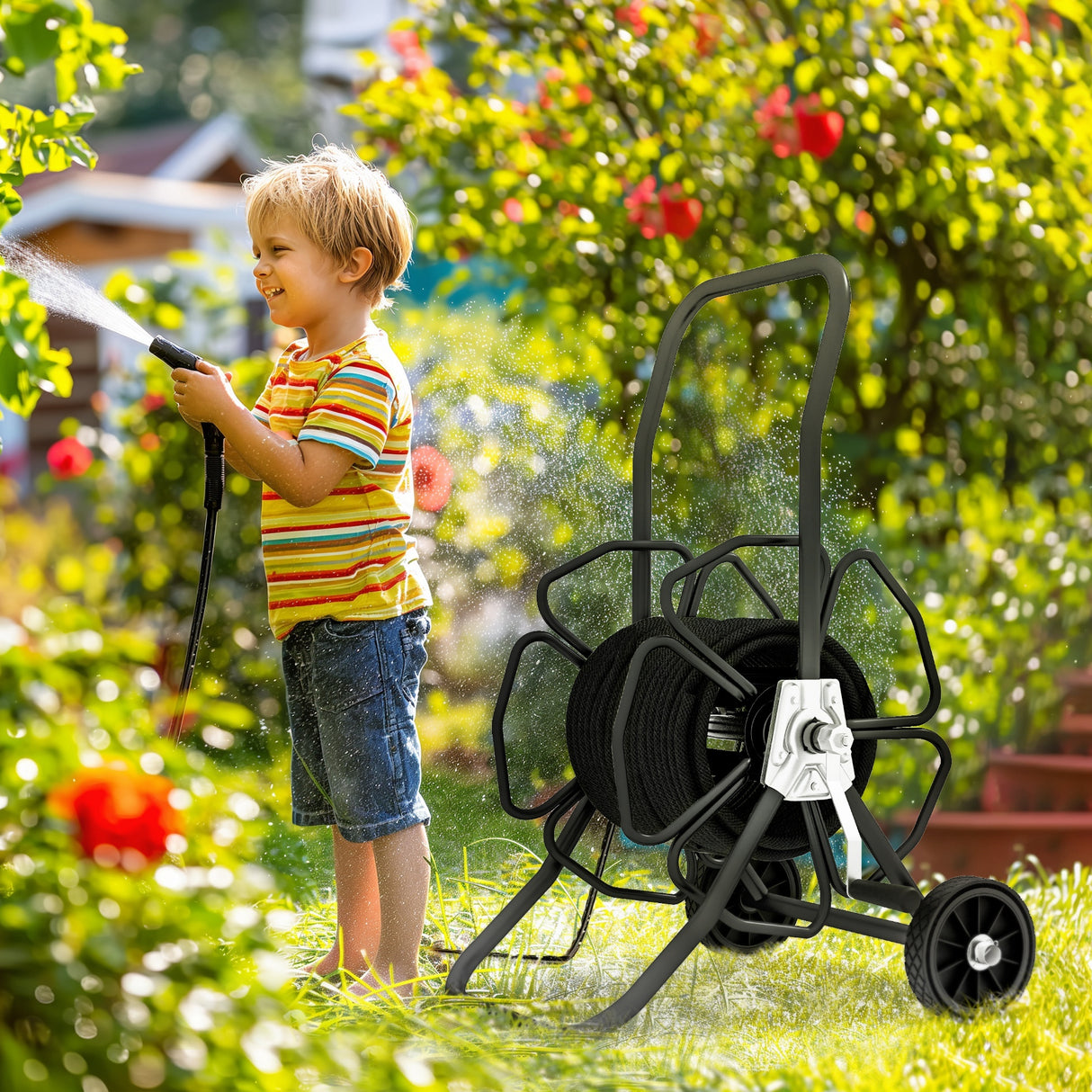 Hardin Portable Water Hose Reel Cart Hold Hanggang 98' ng 5/8" Hose (Hindi Kasama ang Hose) na may mga Gulong para sa Yard Lawn--Itim