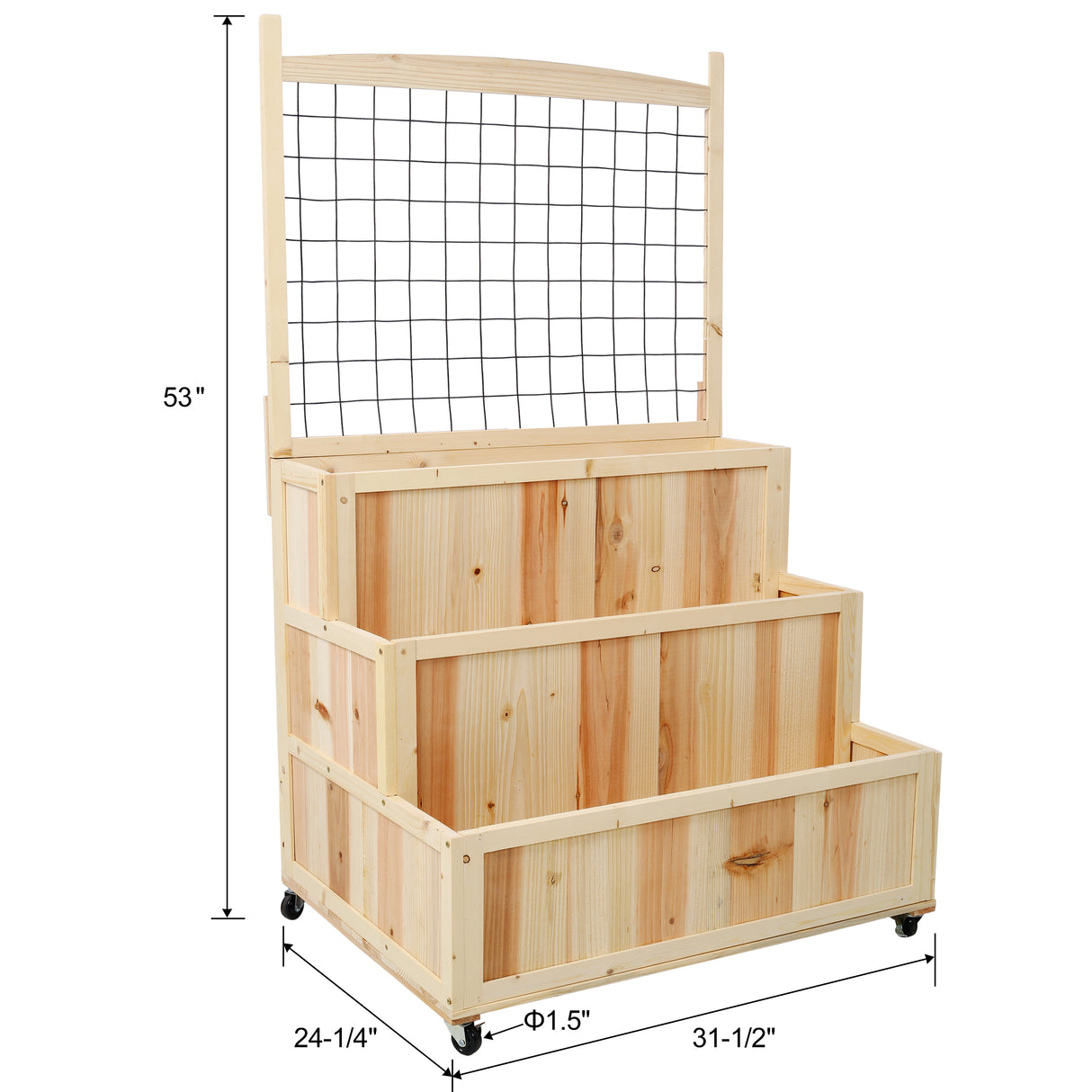 Lit de jardin surélevé à 3 niveaux avec treillis Pot de fleurs vertical de 53 po de hauteur avec roues et zone de rangement arrière pour fleurs, légumes, herbes naturelles