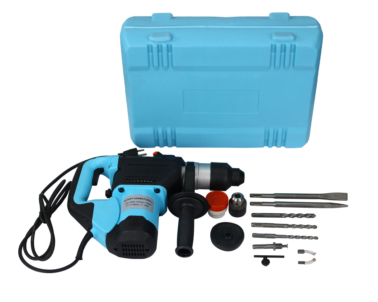 Bohrhammer 1100 W 1-1/2 Zoll SDS Plus Bohrmaschine 3 Funktionen – Blau + Schwarz