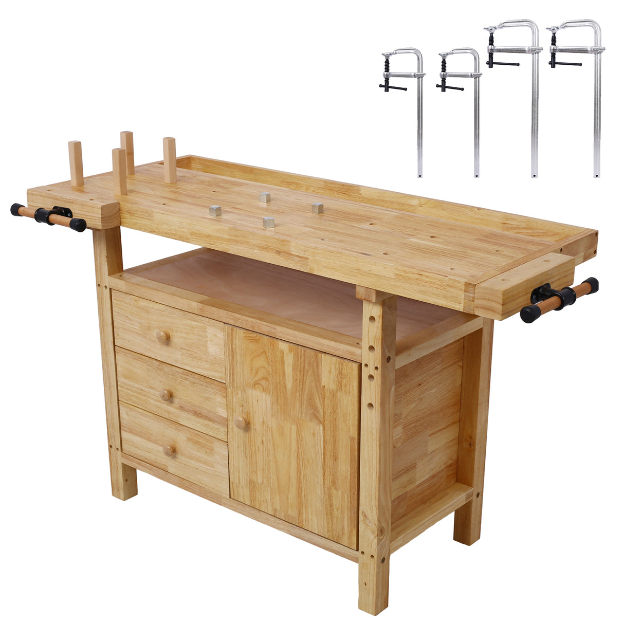 Wooden Workbench for Garage Workshop and Home with Bar Clamps Set 2 pcs 12 inch x 3 inch+ 2pcs 16 inch x 4-3/4" 4pcs Pack