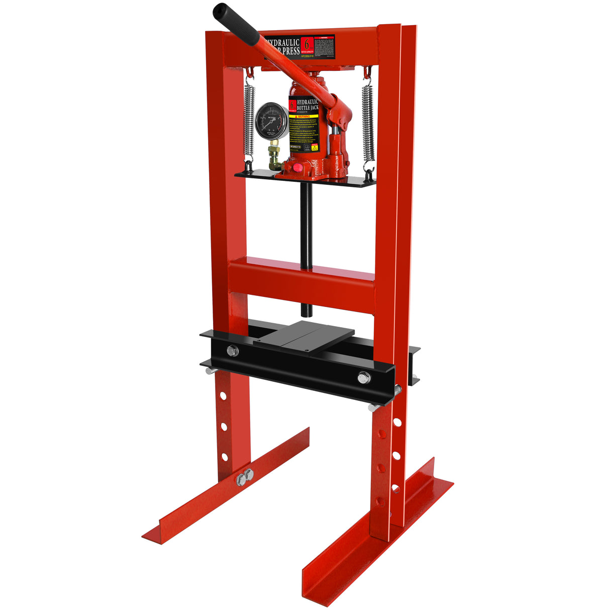 6 Ton Hydraulic Shop Floor Press with Pressure Gauge Steel H-Frame Shop Press with Steel Plates Adjustable Working Table-Red