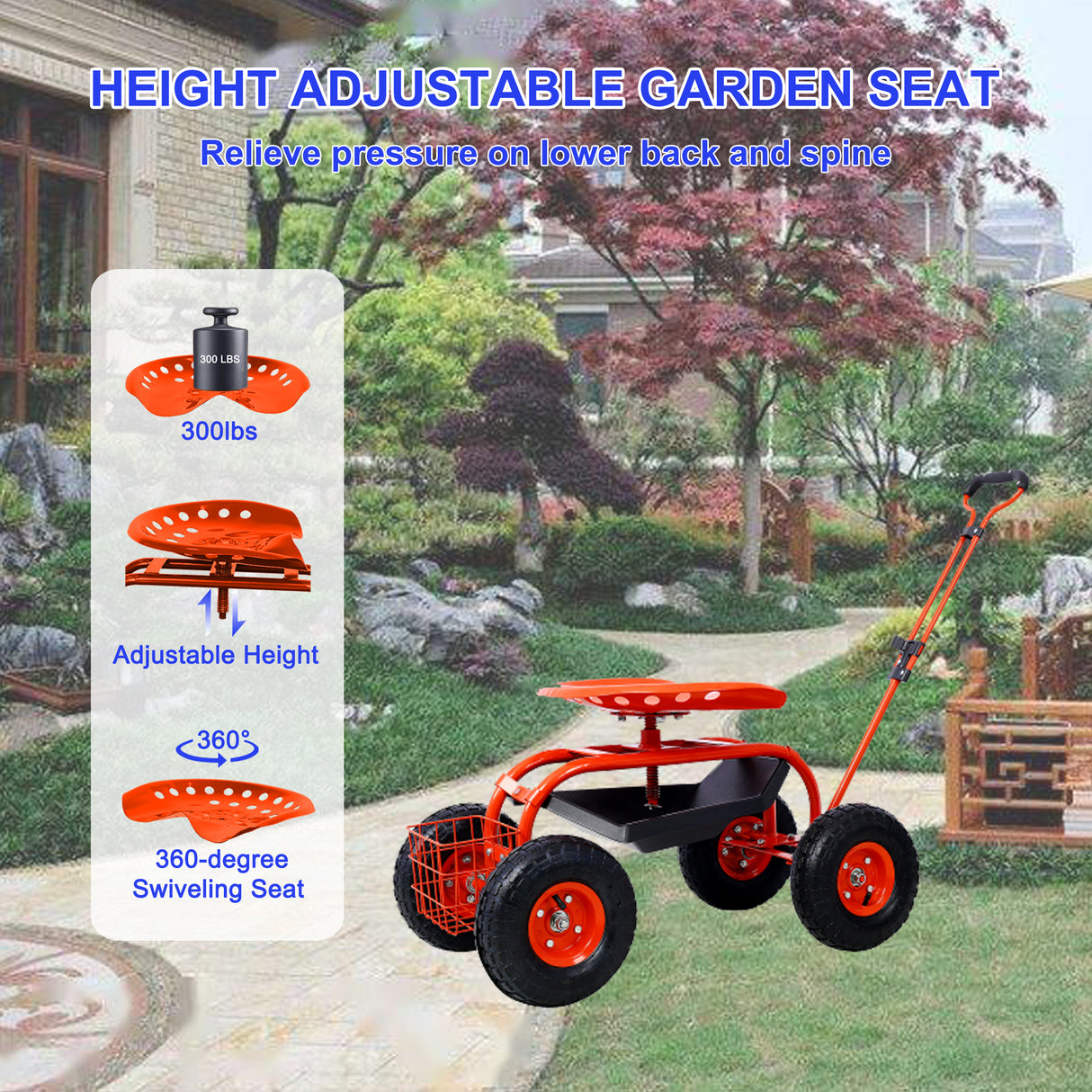 Garden Cart Rolling Scooter Adjustable Height Heavy Duty na may 4 Wheels at Extendable Handle Stool na may 360-Degree na Upuan at Tool Tray Red