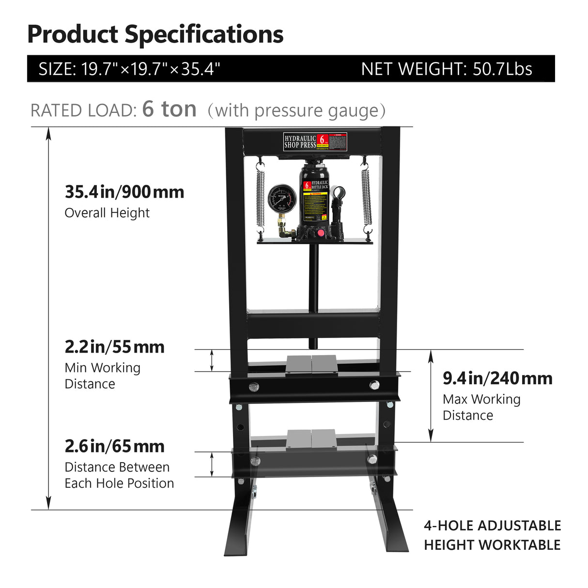 6 Ton Hydraulic Shop Floor Press na may Pressure Gauge Steel H-Frame Steel Plate Naaayos na Working Table Black