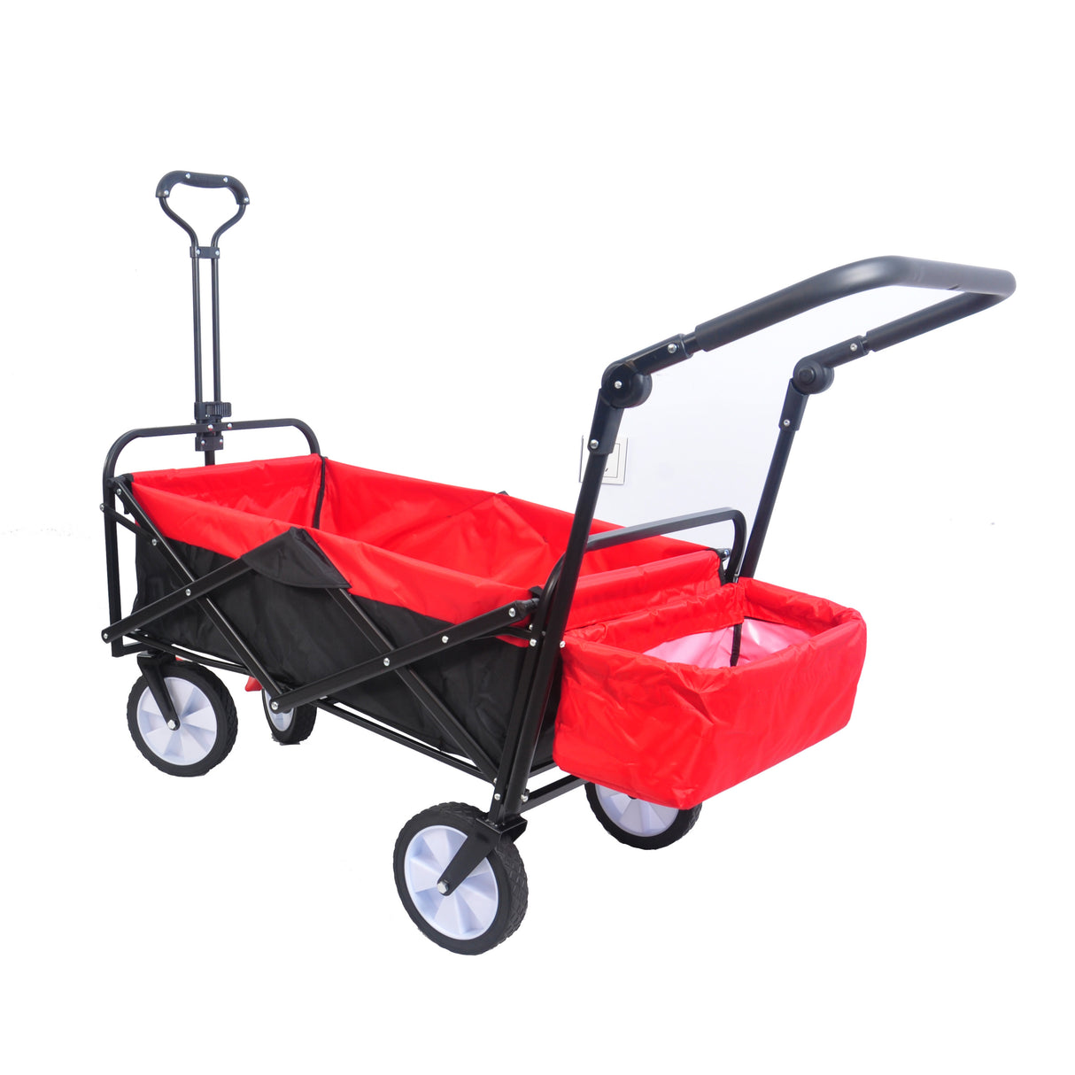 Zusammenklappbarer Mehrzweckwagen für den Außenbereich, robust, zusammenklappbar, für den Garten, tragbarer Handwagen, Getränkehalter, verstellbare Griffe, Schwarz, Rot