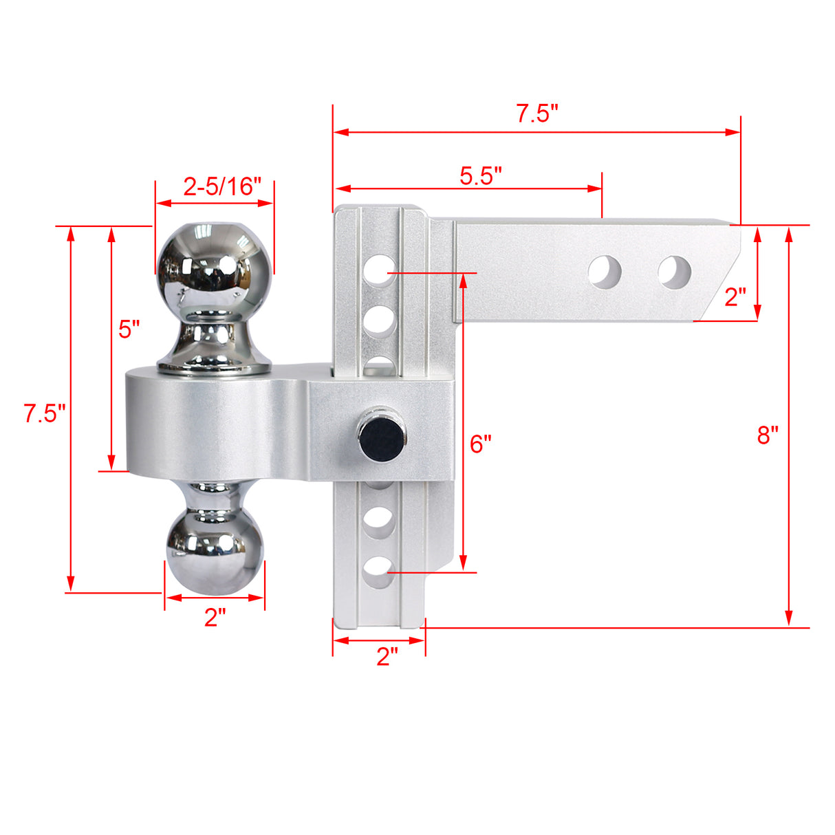 Alu verstelbare trekhaak, 2 inch ontvanger, 6 inch, capaciteit van 10.000 lbs