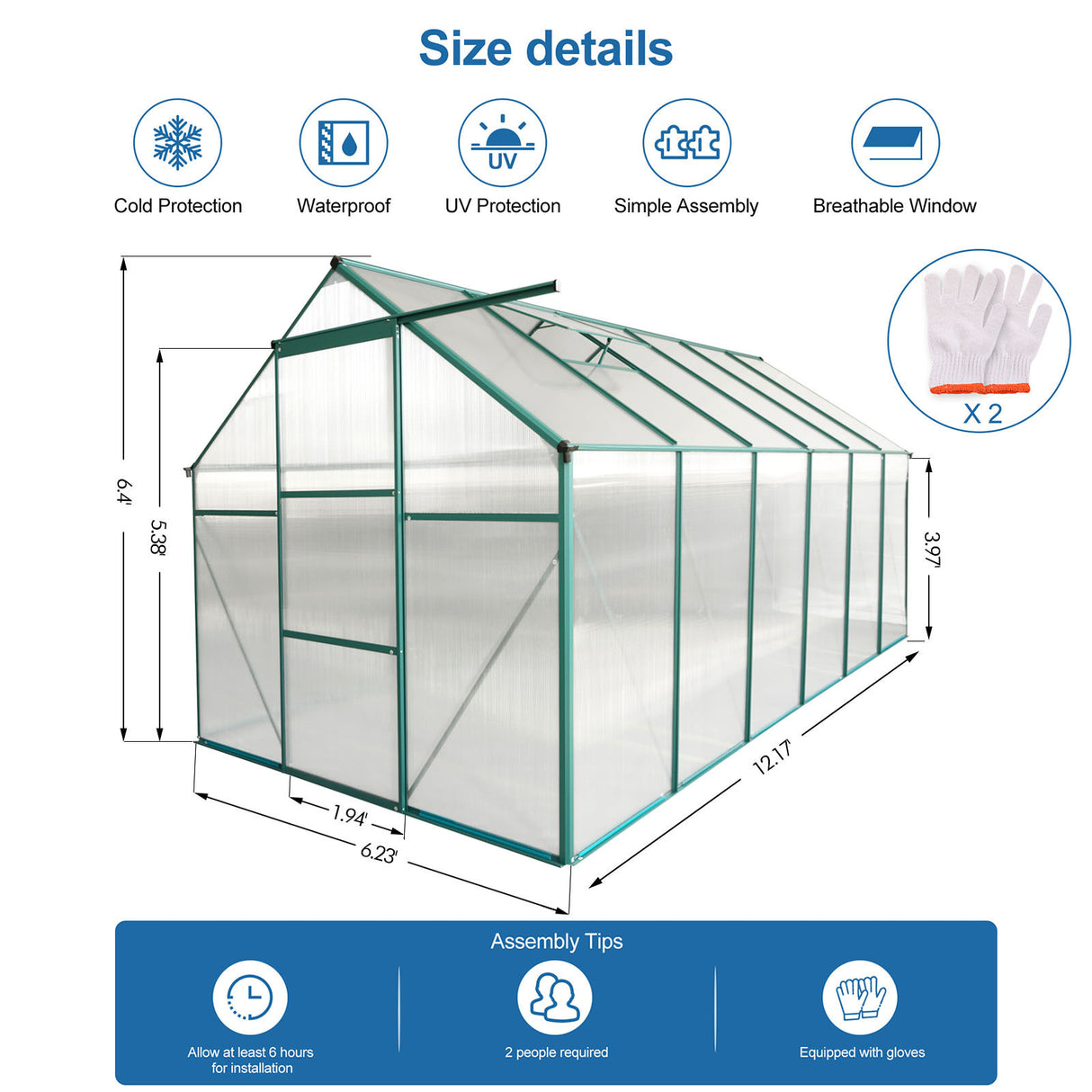 6x12 FT polycarbonaat broeikas verhoogde basis en anker aluminium zware inloop voor buiten achtertuin in het hele seizoen groen