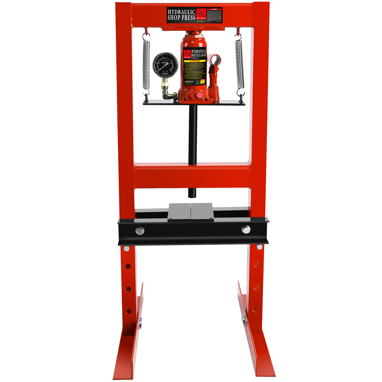 6 Ton Hydraulic Shop Floor Press with Pressure Gauge Steel H-Frame Shop Press with Steel Plates Adjustable Working Table-Red