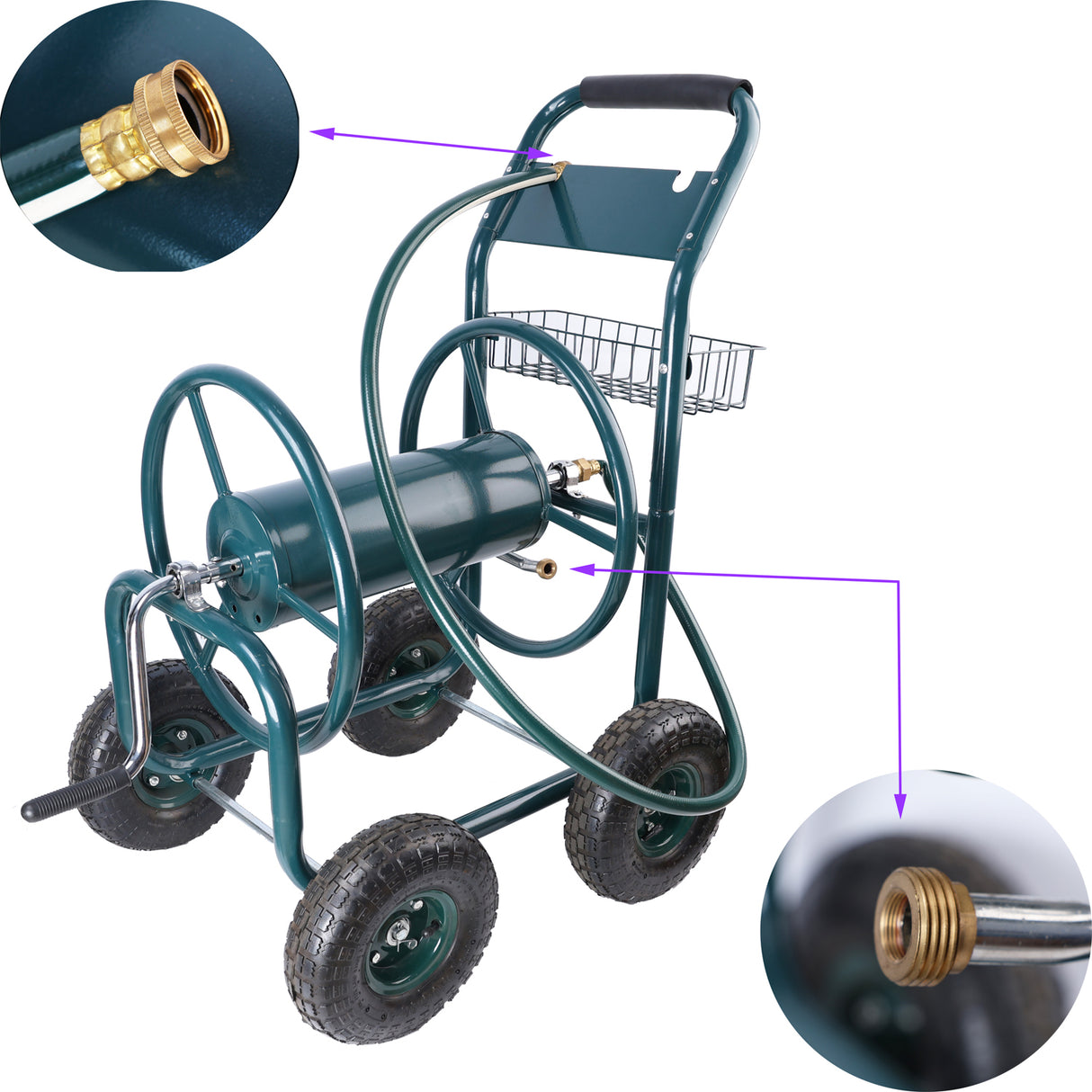 Carrello avvolgitubo da giardino 4 ruote portatile con cestello portaoggetti Supporto per tubo dell'acqua resistente alla ruggine Verde