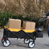 Folding Wagon Collapsible Outdoor Utility Heavy Duty Garden Portable Hand Cart Drink Holder Adjustable Handles Yellow