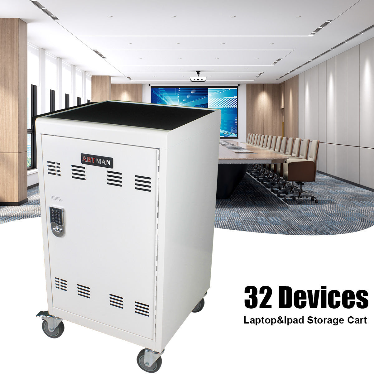 Mobile Charging Cart and Cabinet for Tablets Laptops 30-Device with Combination Lock White