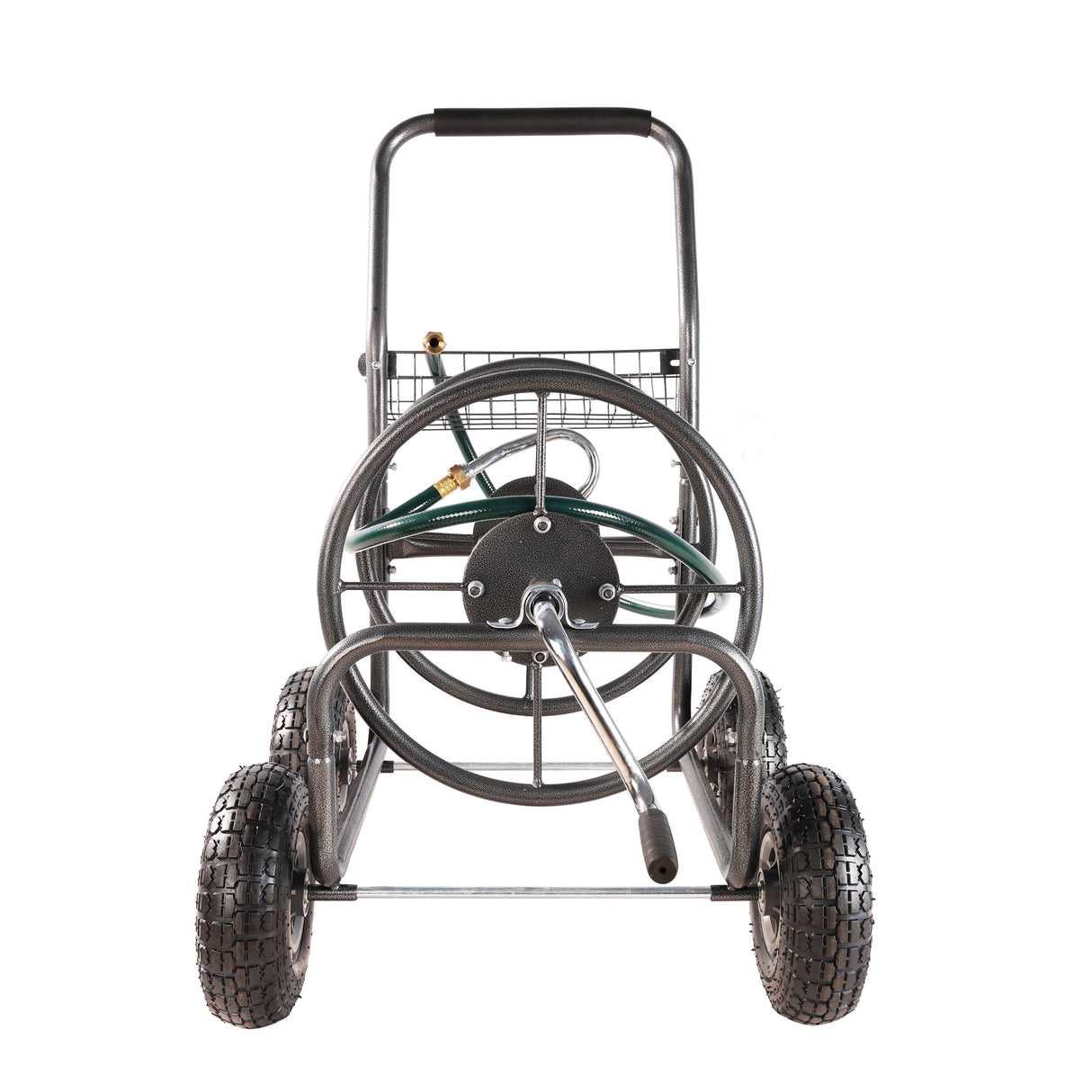 4 Wheels Portable Garden Hose Reel Cart with Storage Basket Rust Resistant Heavy Duty Water Hose Holder Steel