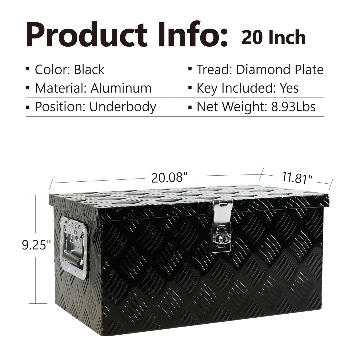 20 Inch Black Aluminum Long Flat Tool Box 5 Bar Tread for Truck Car Outdoor Trailer Pickup Underbody RV ATV Storage Organizer with Lock Side Handle and Keys (20.1"×11.8"×9.3")