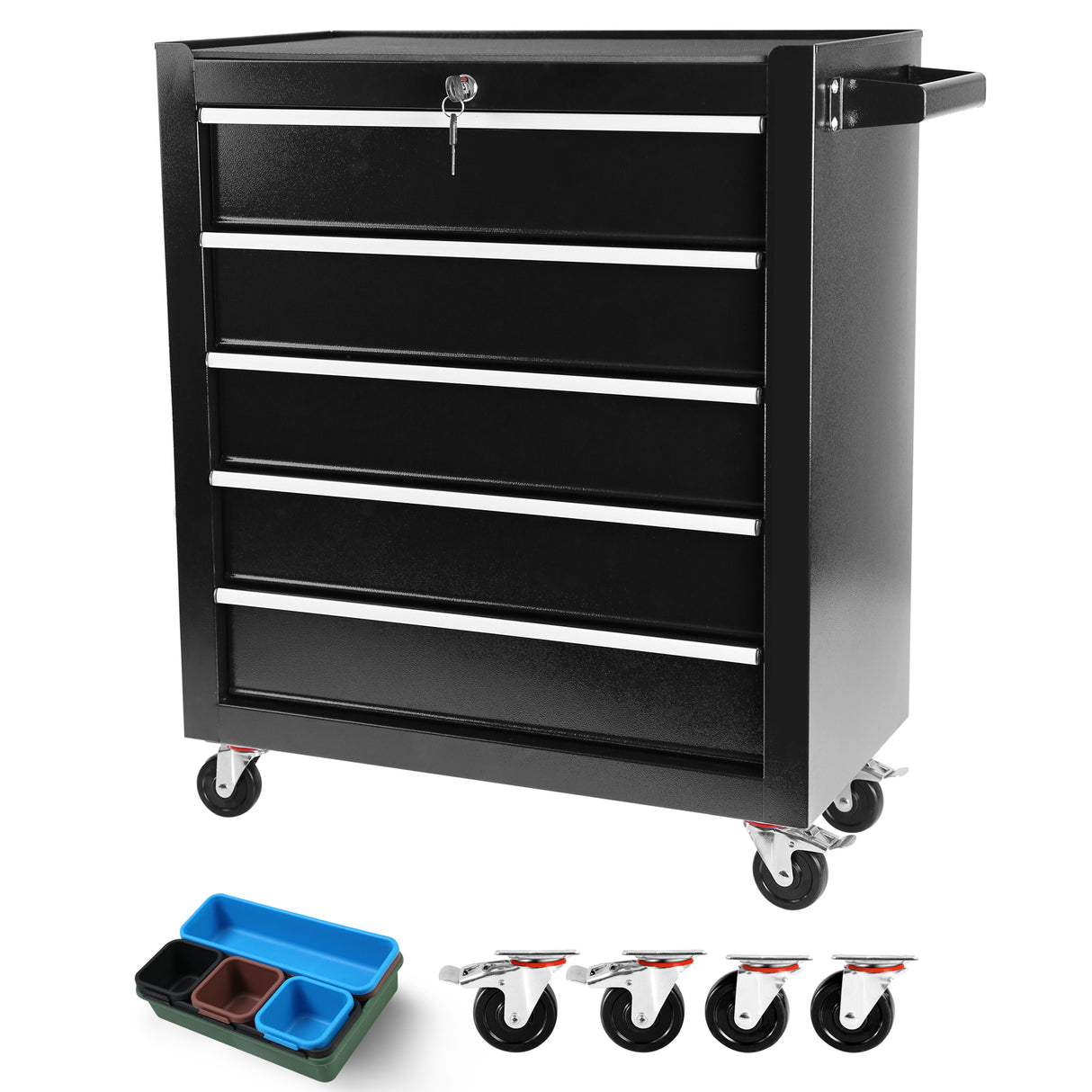 5 Drawers Rolling Tool Chest Cabinet na may Wheels Storage Cabinet at Box Organizer para sa Garage Warehouse Workshop Black