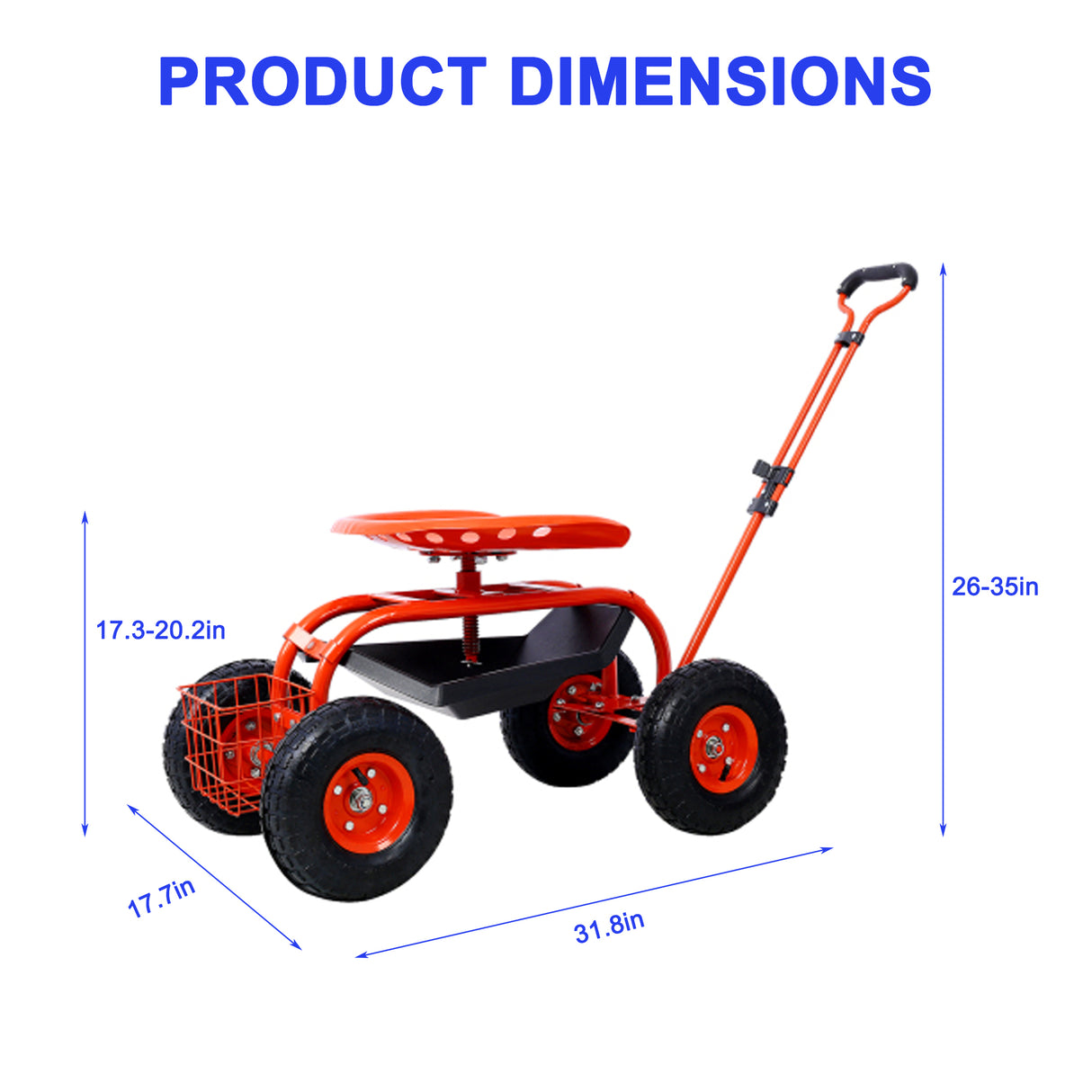 Garden Cart Rolling Scooter Adjustable Height Heavy Duty with 4 Wheels and Extendable Handle Stool with 360-Degree Seat and Tool Tray Red