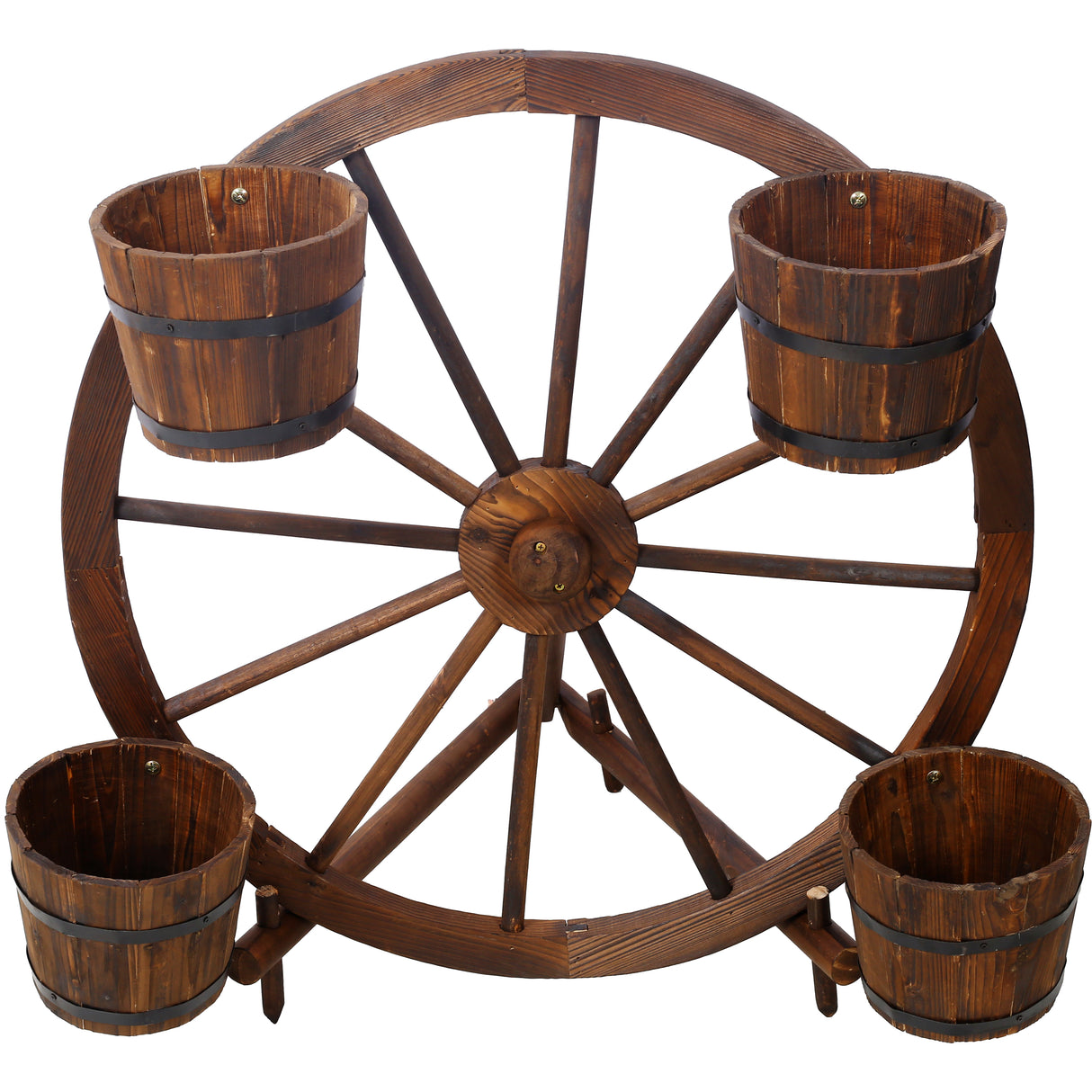 Wood Wagon Wheel Barrel Planter Display--Brown