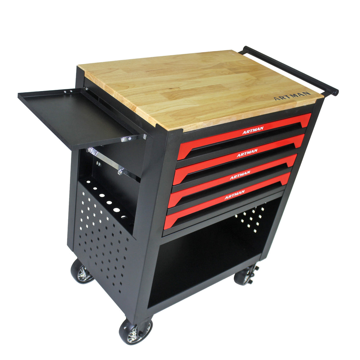 4 Drawers Multifunctional Tool Cart with Tool Set and Wooden Top Black