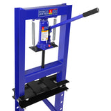 Steel H-Frame Hydraulic Shop Press with Stamping Plates to Bend Straighten or Press Parts Install Bearings and U-Joints 6 Ton Capacity Blue