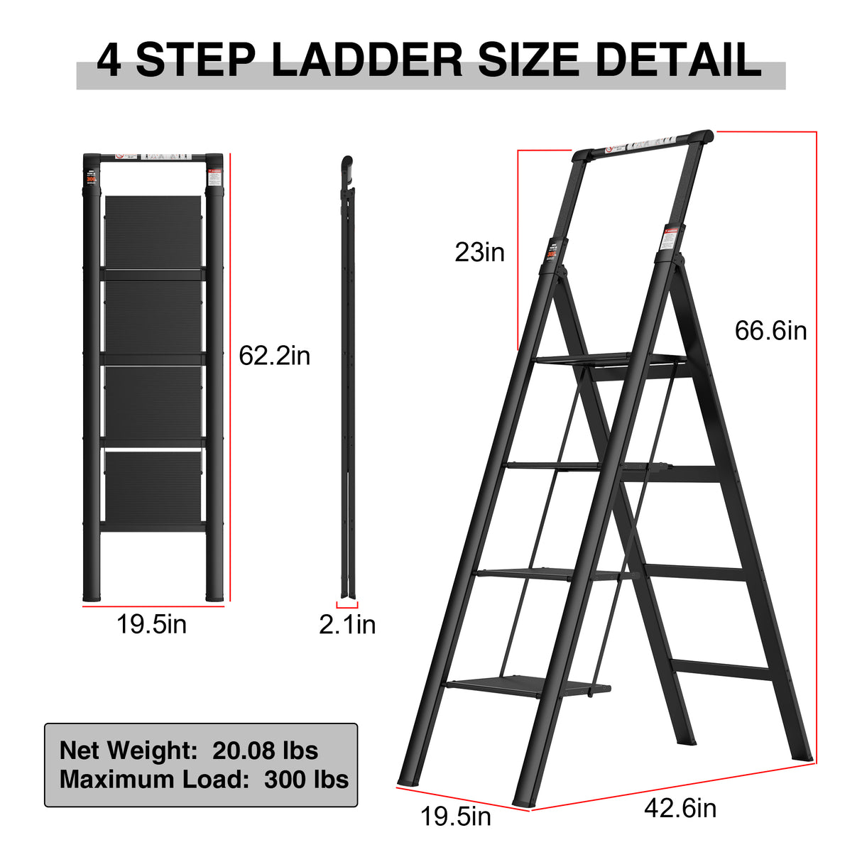 4-staps ladder Huishoudelijke veiligheid Intrekbare handgreep Opvouwbare kruk met antislip breed pedaal Aluminium 300 lbs - Zwart