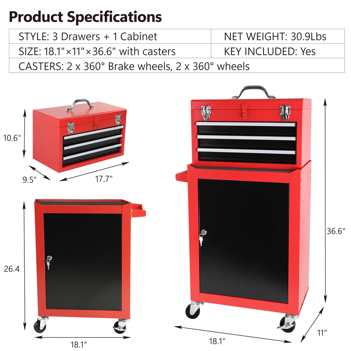 Coffre à outils roulant à 3 tiroirs avec roulettes, grande armoire de rangement et étagère réglable, coffre supérieur portable amovible avec système de verrouillage pour garage et entrepôt