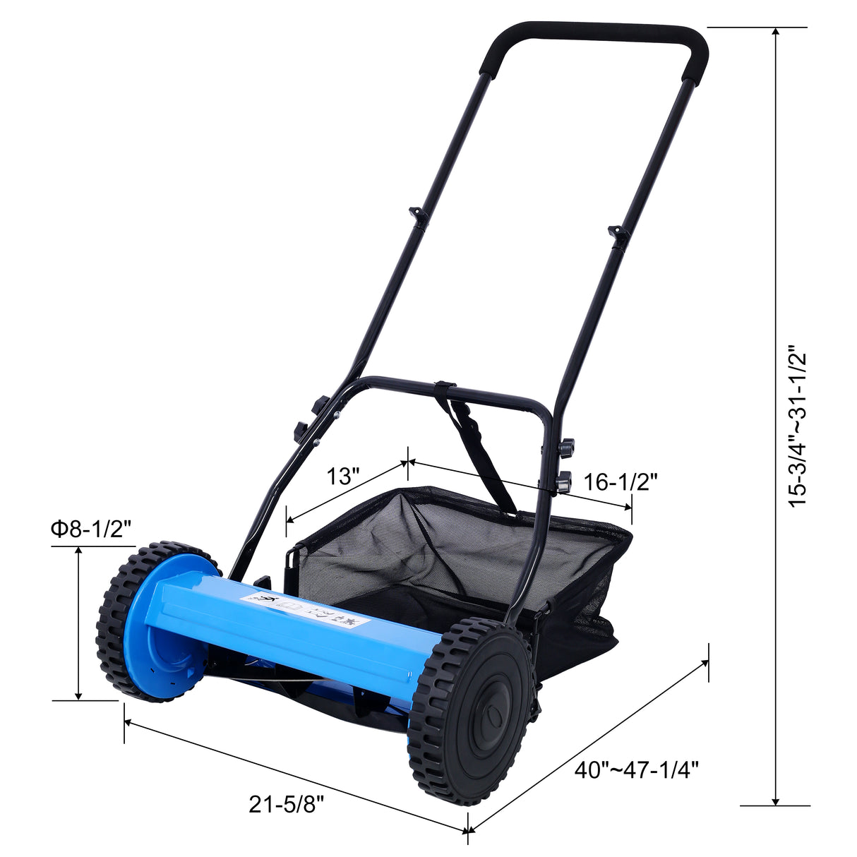 Cortacésped de carrete de empuje de 5 cuchillas de 16 pulgadas con recogedor de césped azul