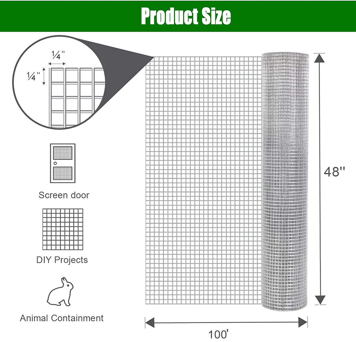 Hardware Cloth 1/4 inch 48in x 100ft 23 Gauge Hot-dip Galvanized After Welding Chicken Wire Fence Roll Garden Plant Welded Metal Wire Fencing Roll Rabbit Cages Snake Fence