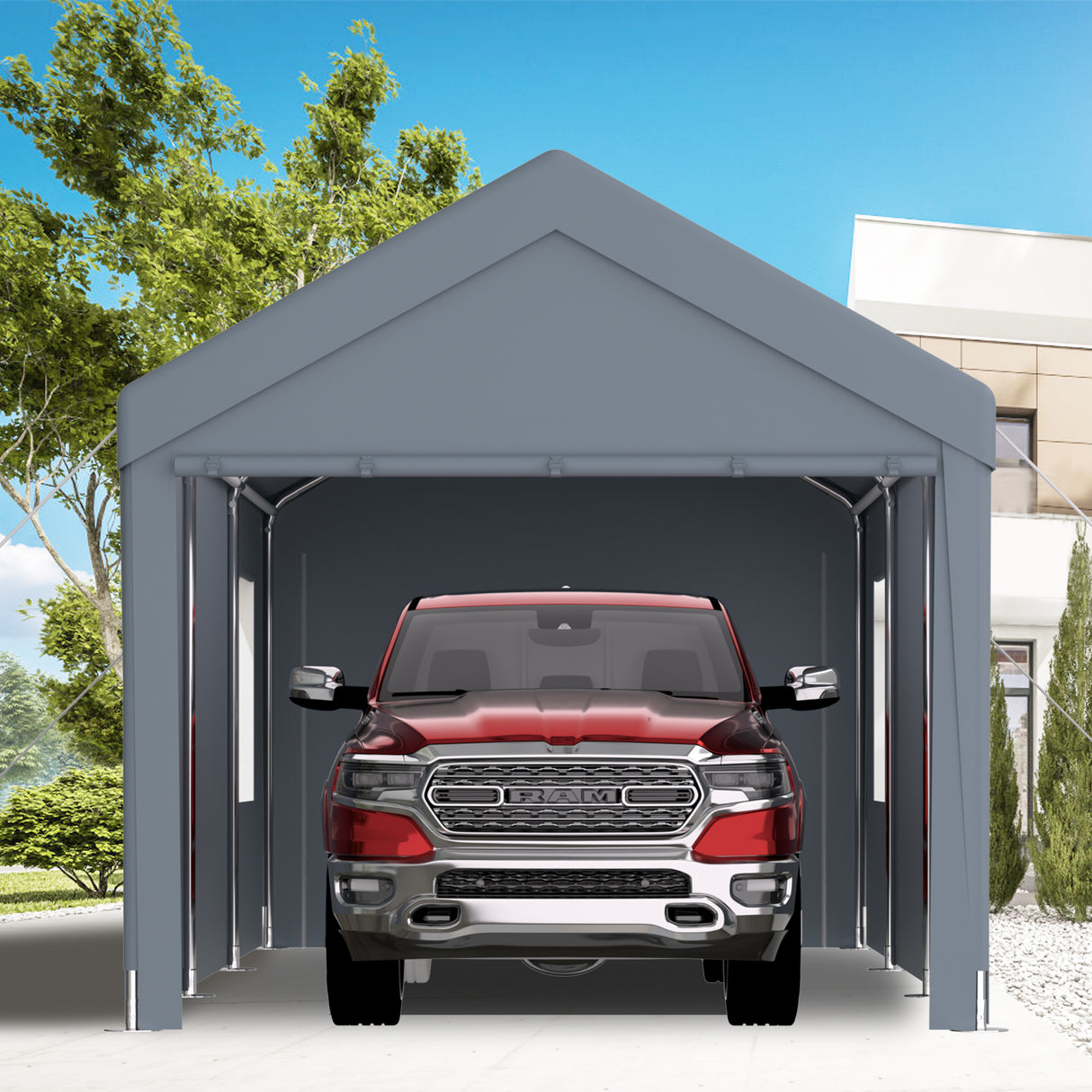 12' x 20' Carport Portable Garage Heavy Duty Canopy with 2 Roll-up Doors & 4 Ventilated Windows for Car Truck Boat Garden Tools--Grey