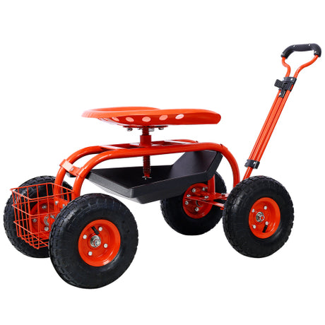 Garden Cart Rolling Scooter Adjustable Height Heavy Duty with 4 Wheels and Extendable Handle Stool with 360-Degree Seat and Tool Tray Red