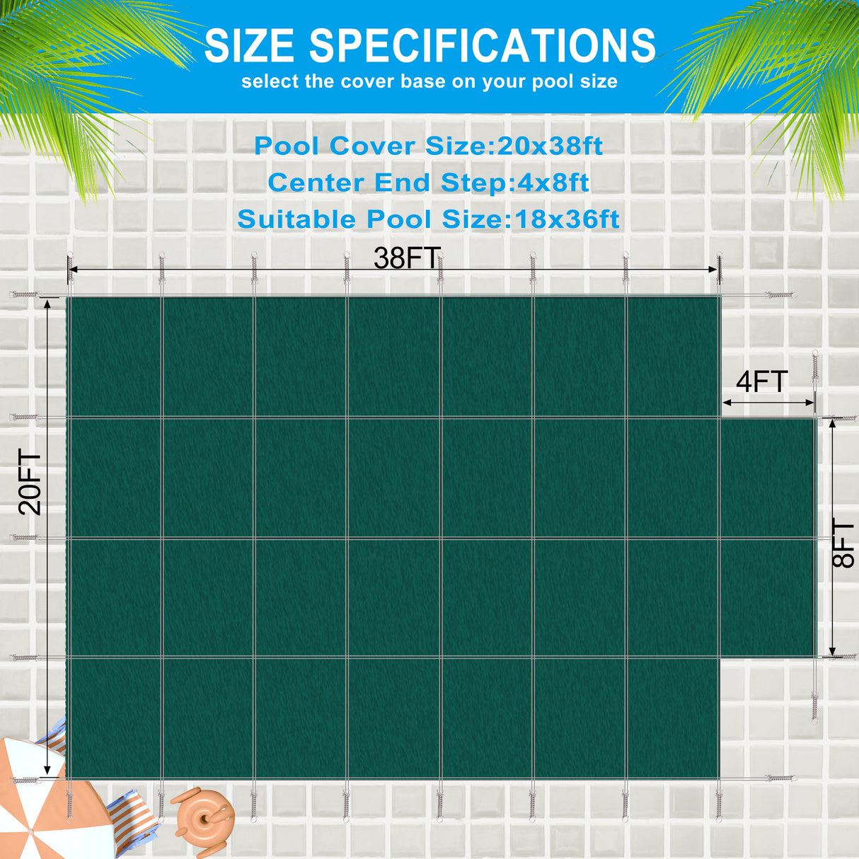 Ang Cover Safety ng Pool ay umaangkop sa 18x36ft Rectangular Ingground Winter Swimming Pool na may 4x8ft Center End Step Triple Stitched High Strength Mesh PP Mahusay na Rain Permeability Installation Hardware--Green Mesh