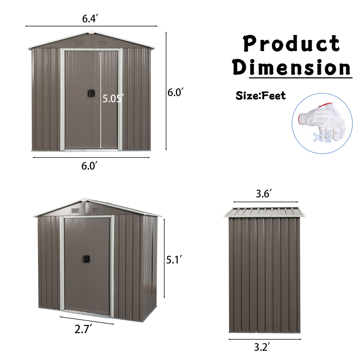 6ft x 4ft Outdoor Metal Storage Shed Grey