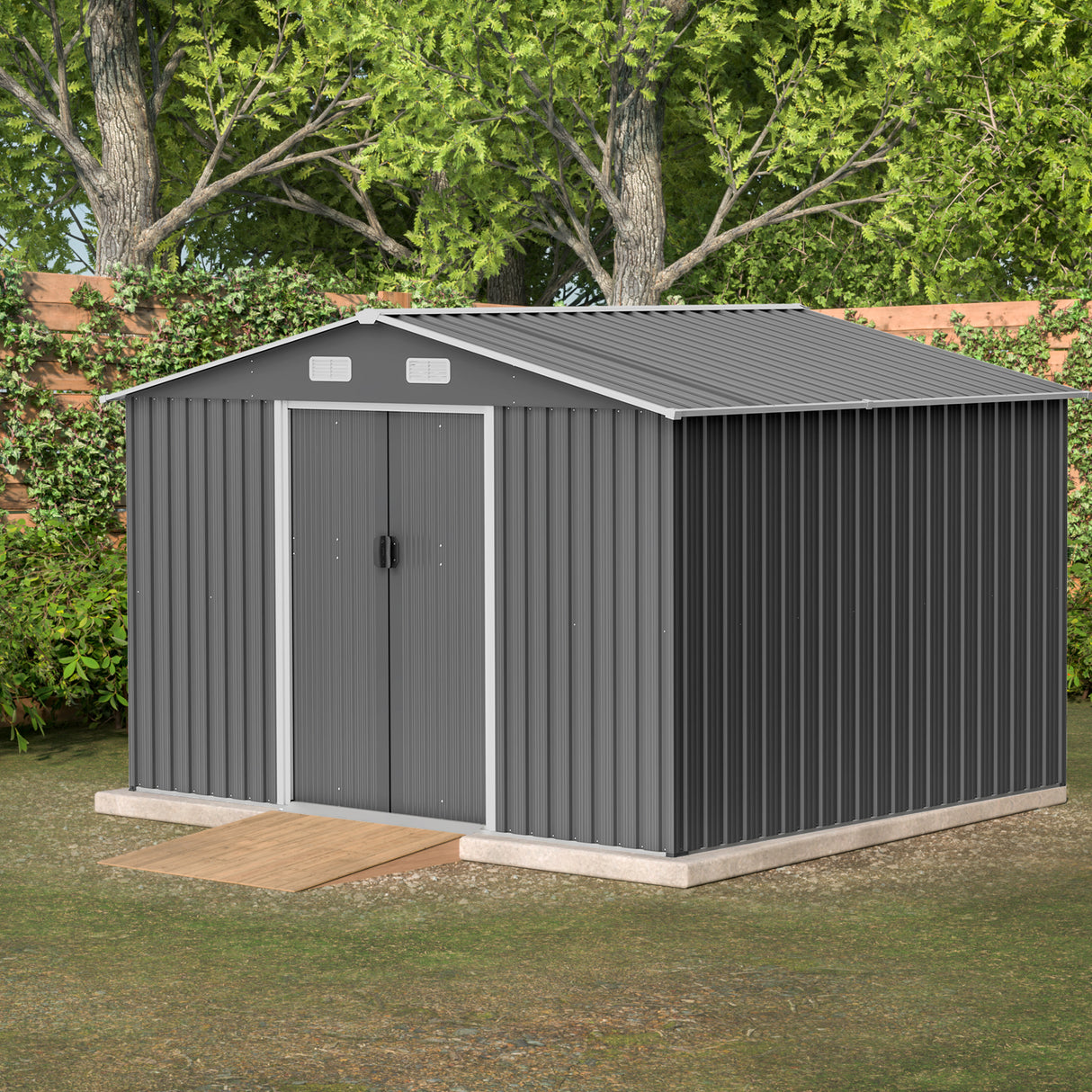 10X8 FT Outdoor Storage Shed Metal Foundation & Lockable Doors Tool for Garden Patio Backyard Lawn Grey