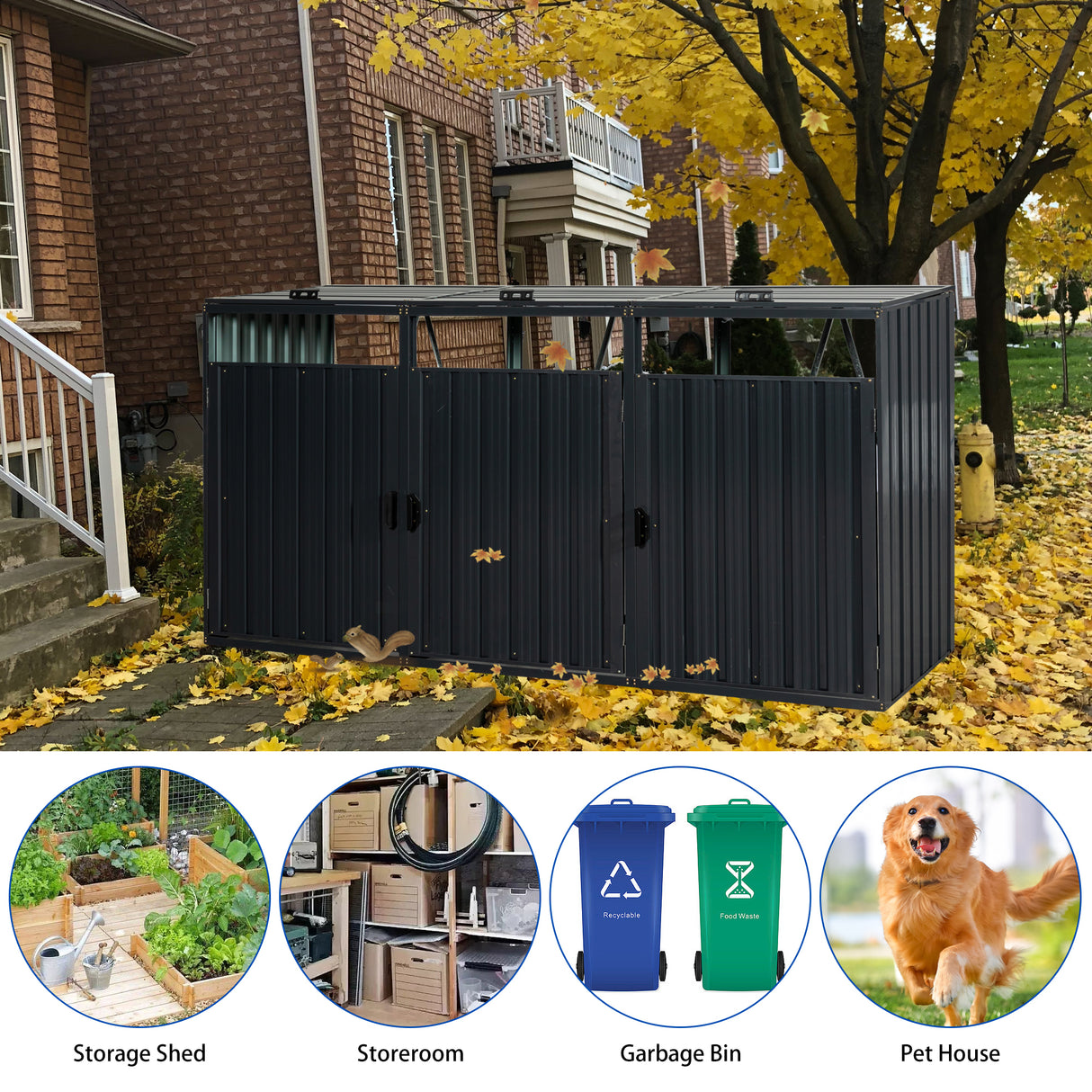 Garbage Bin Shed Stores 3 Trash Cans Metal Outdoor for Storage Stainless Galvanized Steel para sa Hardin Yard Lawn Charcoal