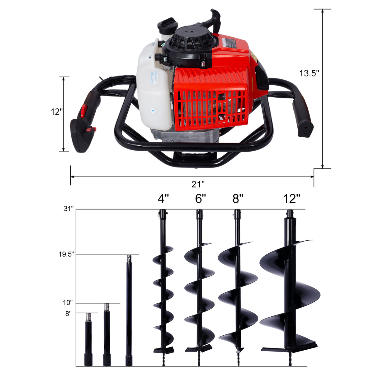 2,7 HK stolpehullgraver 63cc gassdrevet 2-takts boreaksel for graveboreaksel størrelse 3/4" EPA-sertifisert med L4"+L6"+L8"+L12" DRILLBITSER+EXT STANG SETT