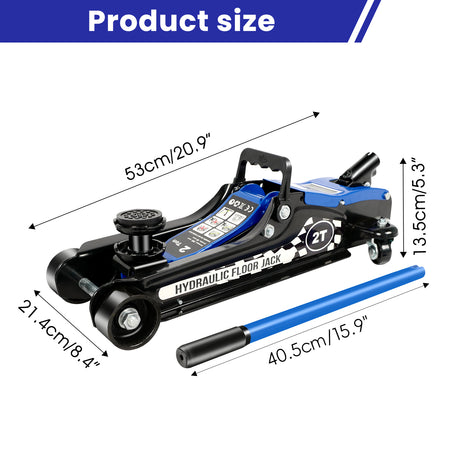 Niskoprofilowy podnośnik podłogowy o udźwigu 2 ton i udźwigu 4400 funtów. Zakres podnoszenia hydraulicznego 85 mm/3,35 cala–360 mm/14,17 cala — niebieski