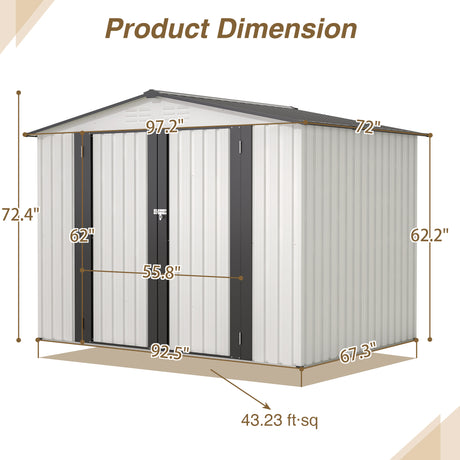 8 x 6 ft Outdoor Storage Shed All Weather Metal with 2 Lockable Doors Tool for Garden Backyard Lawn White