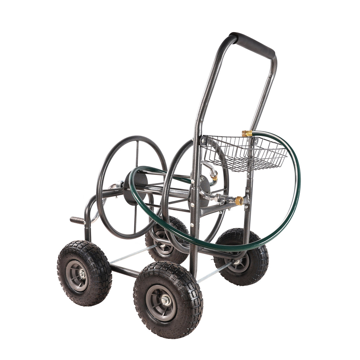 4 Wheels Portable Garden Hose Reel Cart na may Storage Basket Lumalaban sa kalawang na Mabigat na Tungkulin na Water Hose Holder Steel