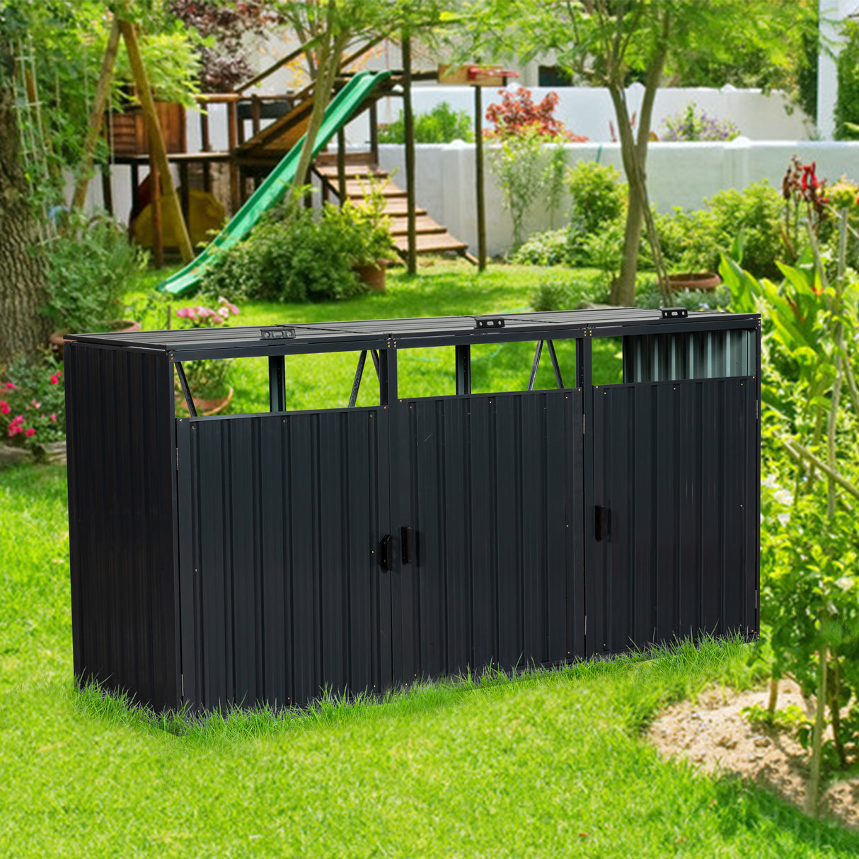 Garbage Bin Shed Stores 3 Trash Cans Metal Outdoor for Storage Stainless Galvanized Steel for Garden Yard Lawn Charcoal