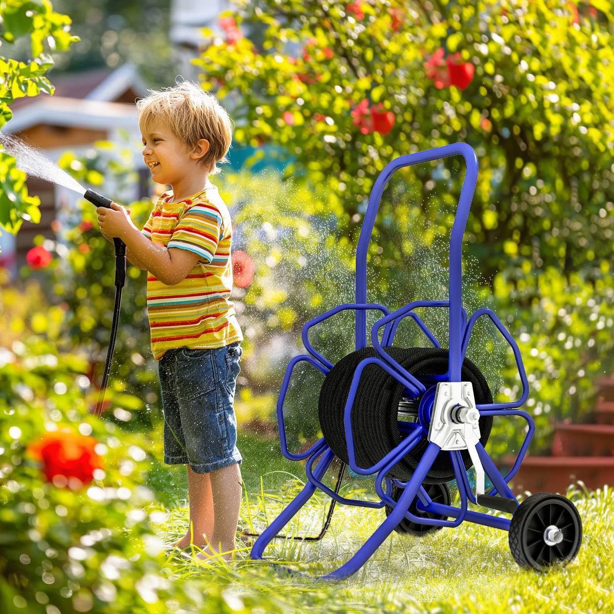 Garden Portable Water Hose Reel Cart Hold Up to 98' of 5/8" Hose (Hose Not Included) with Wheels for Yard Lawn--Blue