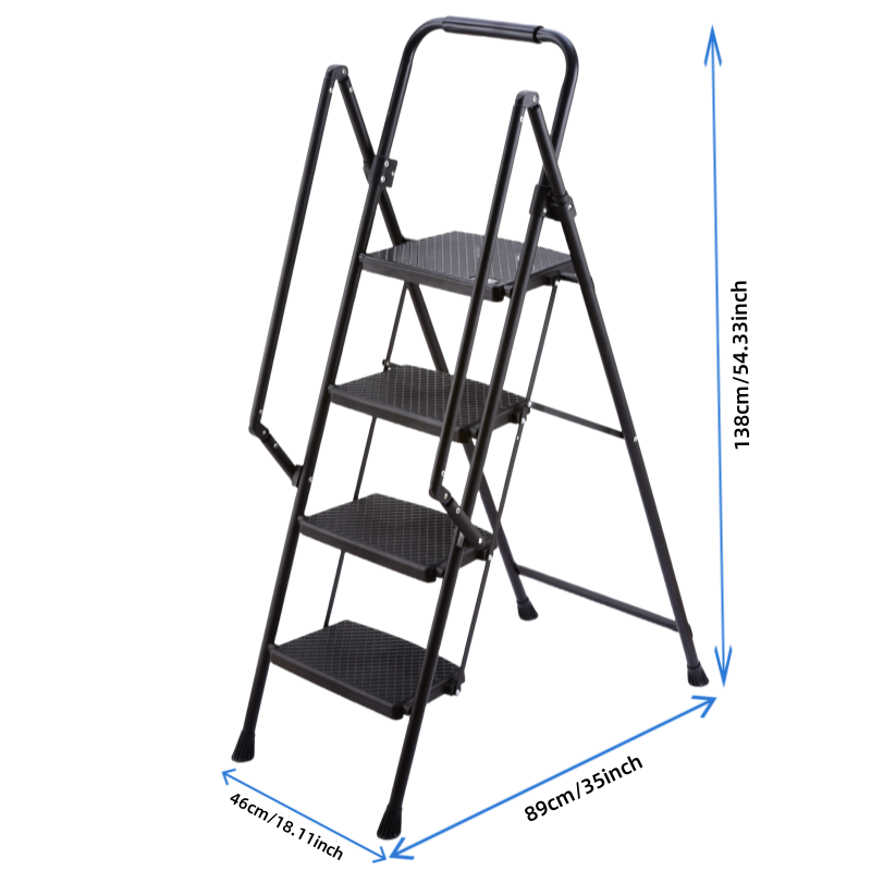 Four Step Ladder Lightweight Folding Stool Wide Anti Slip Pedal and Safety Handle Sturdy Steel Multi-Purpose Suitable for Home Kitchen and Office Elevators