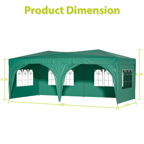 10'x20' pop-up luifel buiten draagbare feestvouwtent met 6 verwijderbare zijwanden + draagtas + 6 stuks gewichtszak groen