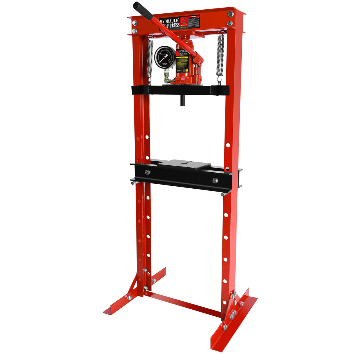 Steel H-Frame Hydraulic Garage/Shop Floor Press with Stamping Plates Pressure Gauge 12 Ton (24,000 lb) Capacity Red