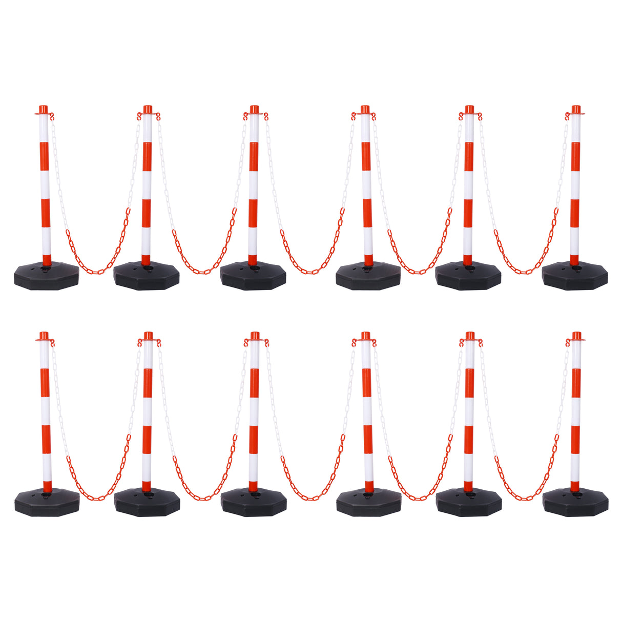 12 Pack Traffic Delineator Post Cones with Fillable Base Adjustable Safety Barrier with 5Ft Plastic Chain Outdoor and Indoor Crowd Control Stanchion for Control and Warning--White+Red