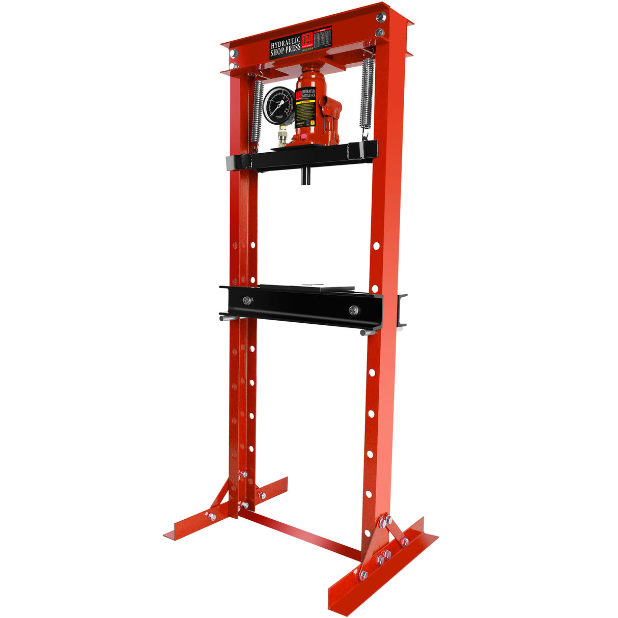 Steel H-Frame Hydraulic Garage/Shop Floor Press with Stamping Plates Pressure Gauge 12 Ton (24,000 lb) Capacity Red