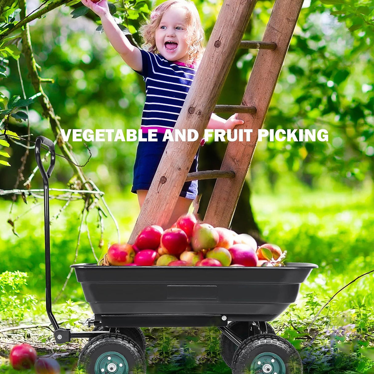 Garden Dump Cart na may Steel Frame Heavy Duty Outdoor Wagon na may 10 Inch Pneumatic Rubber Gulong 660lbs Max Capacity Black