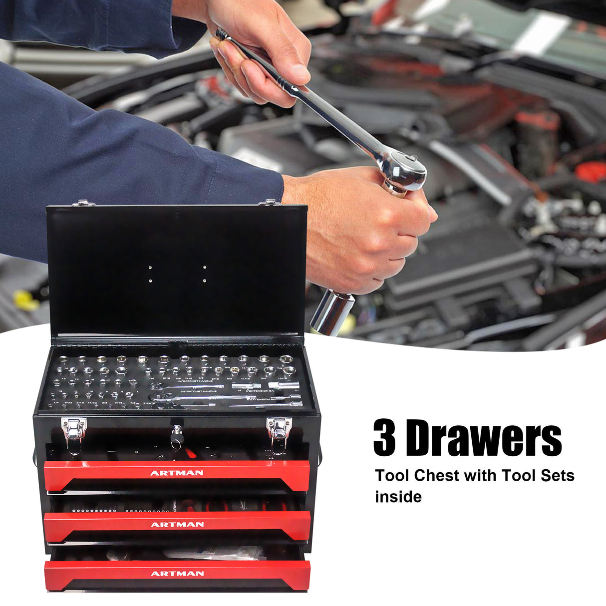 3 Drawers Tool Box with Tool Set Red