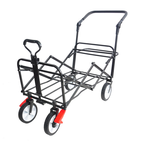 Collapsible Outdoor Utility Wagon Heavy Duty Folding Garden Portable Hand Cart Drink Holder Adjustable Handles Black Red